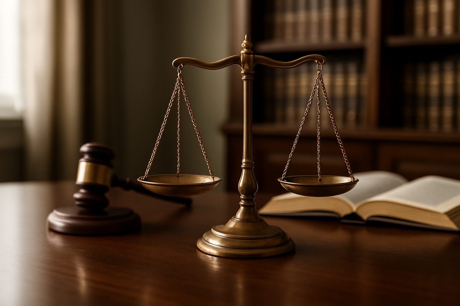 A gavel and a scale of justice on a wooden desk in a law office setting